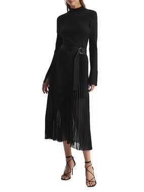 Reiss Black Pleated Midi Skirt with Belt